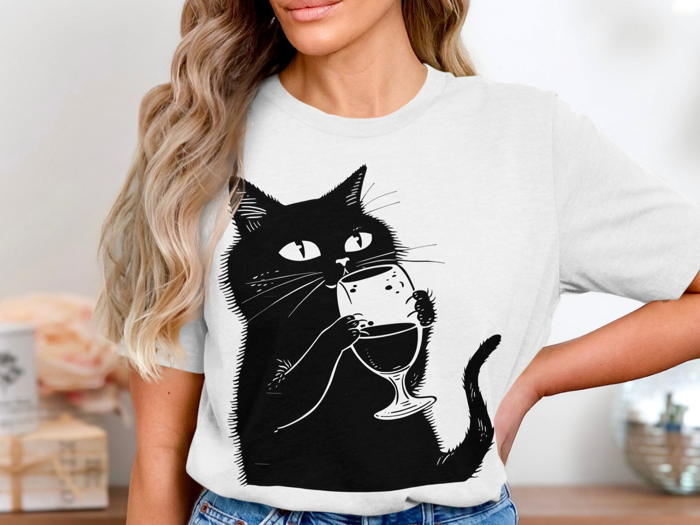 Sipping Kitty - Wine Lover's Minimalist Cat Tee