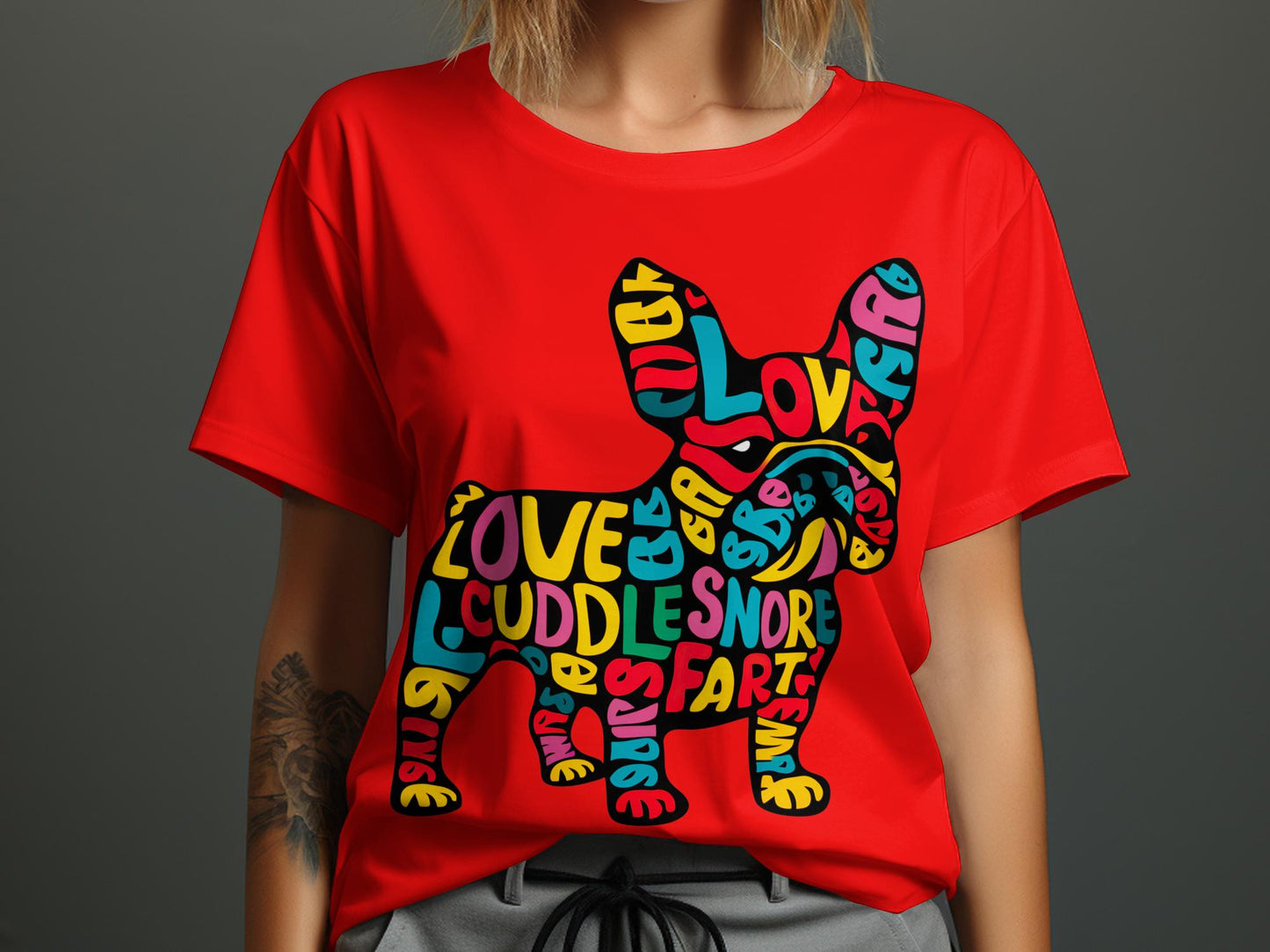 French Bulldog Affection - Colorful Word Cloud Tee