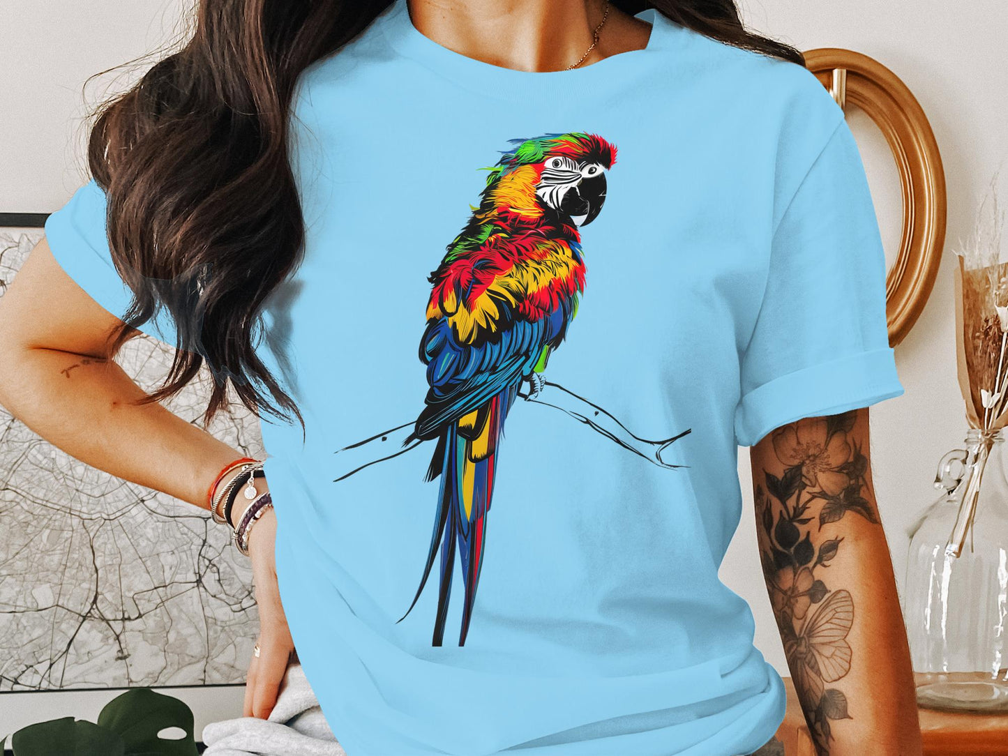 Asemic Avian Echoes - Colorful Parrot in Abstract Script Art Tee