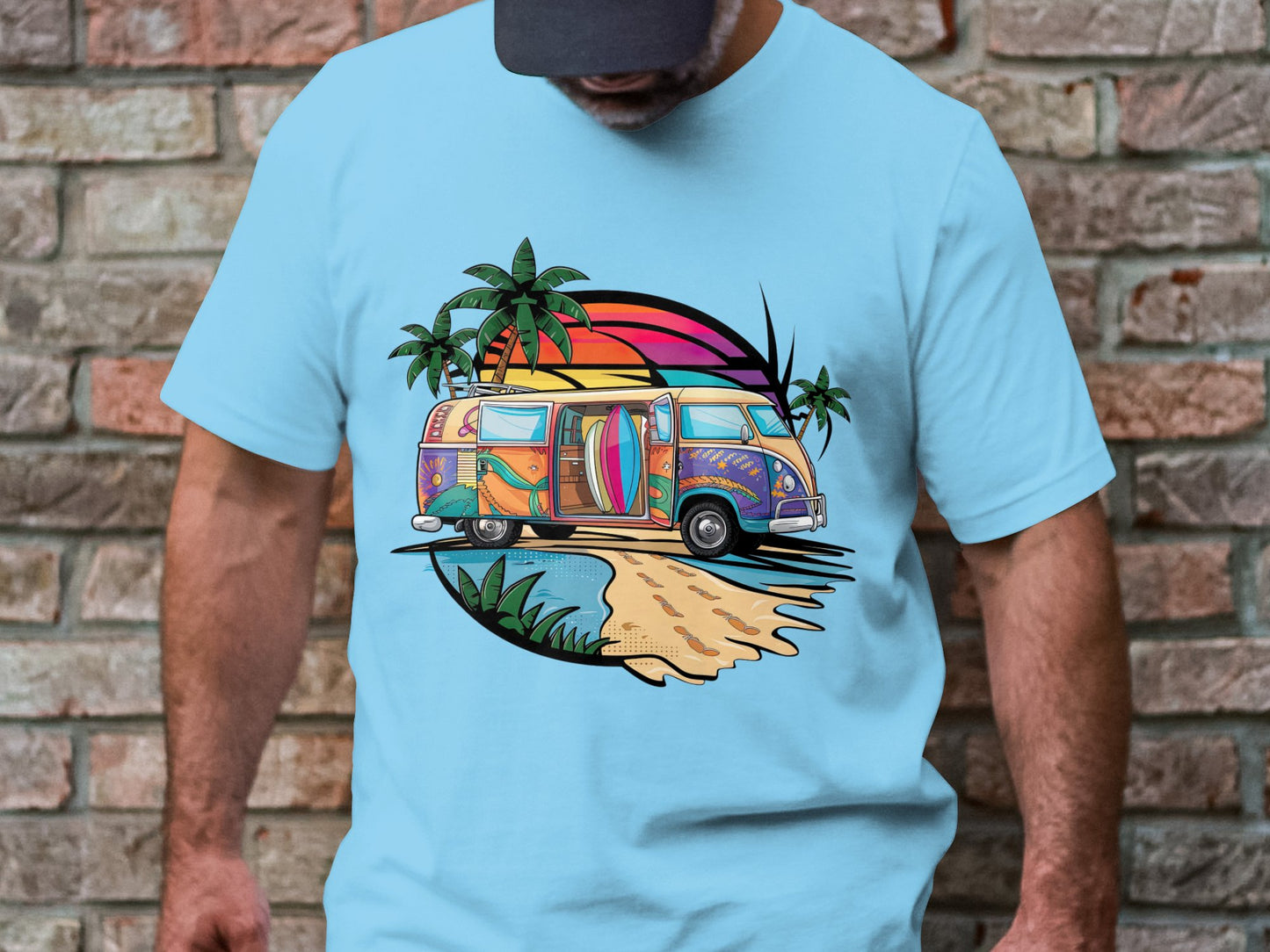 Surf's Up Sunset - Beach Van and Palm Trees Tee