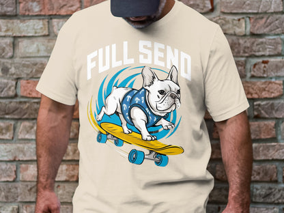 Full Send Bulldog - Skateboarding Dog Tee with Tropical Flair