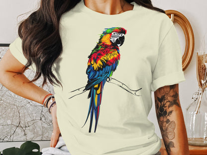 Asemic Avian Echoes - Colorful Parrot in Abstract Script Art Tee