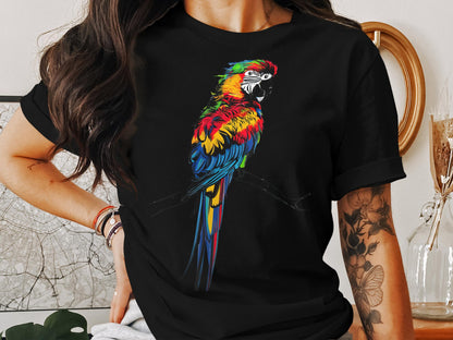 Asemic Avian Echoes - Colorful Parrot in Abstract Script Art Tee