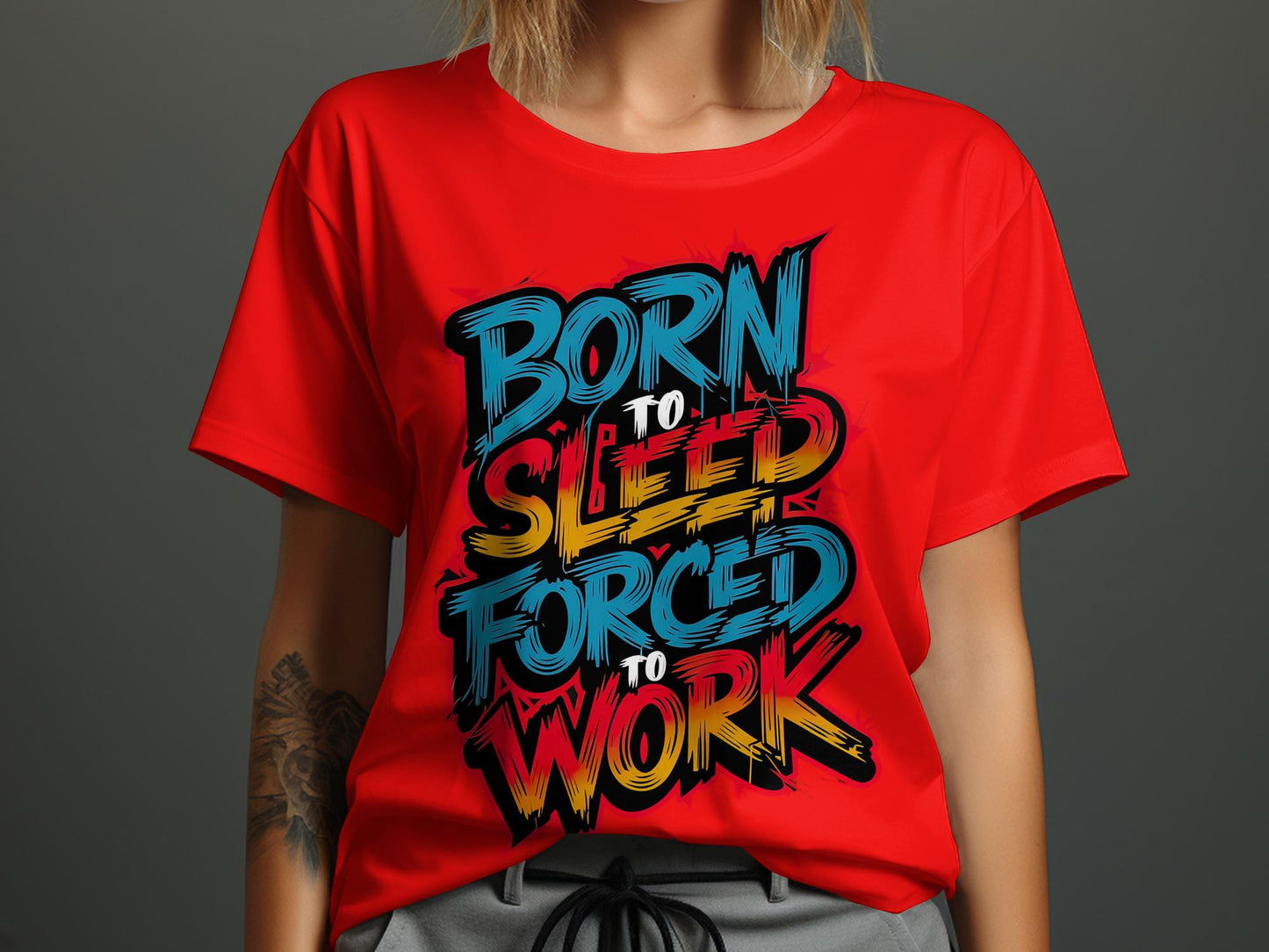 Born to Sleep, Forced to Work - Colorful Graffiti-Style Tee