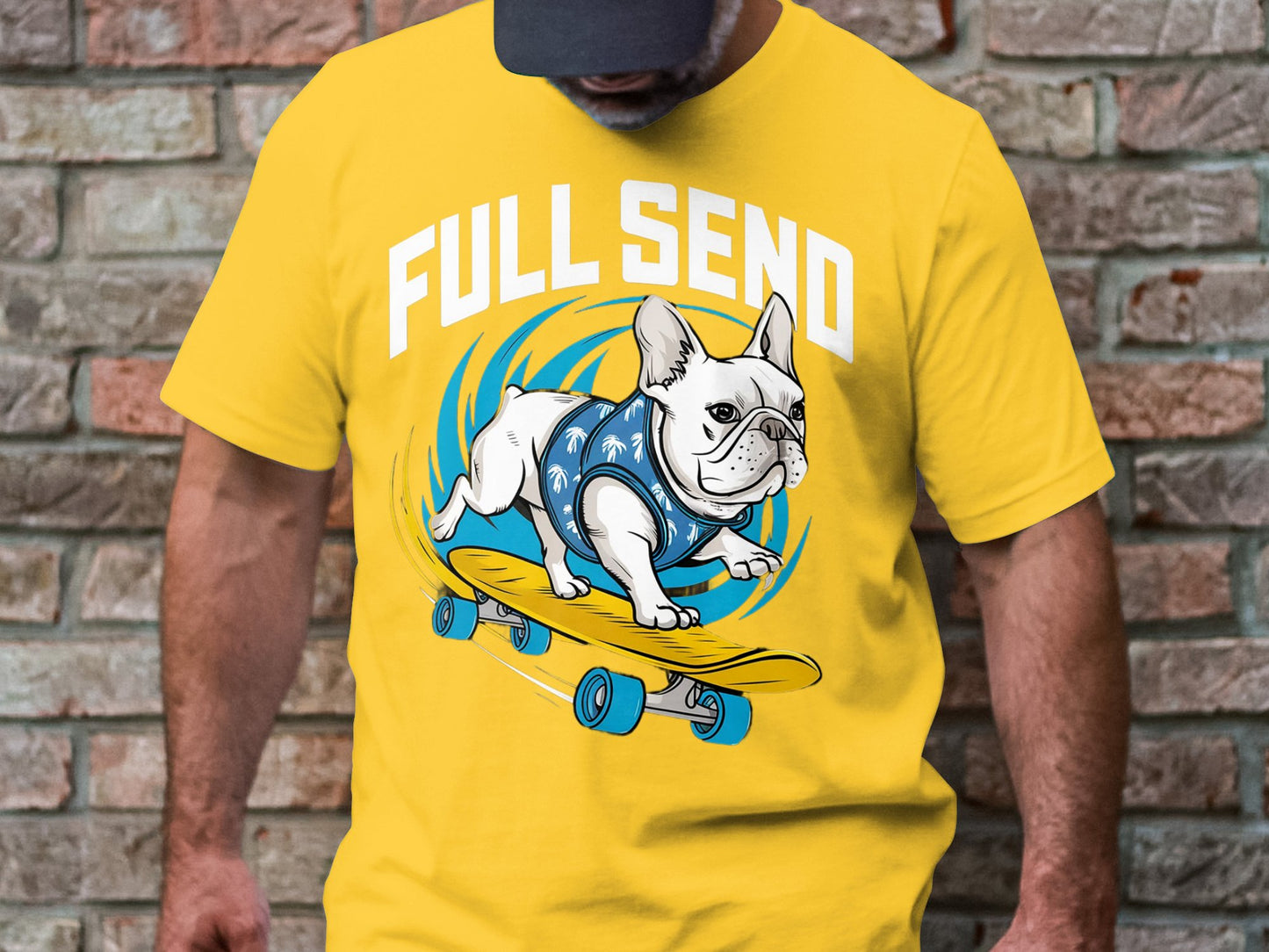 Full Send Bulldog - Skateboarding Dog Tee with Tropical Flair