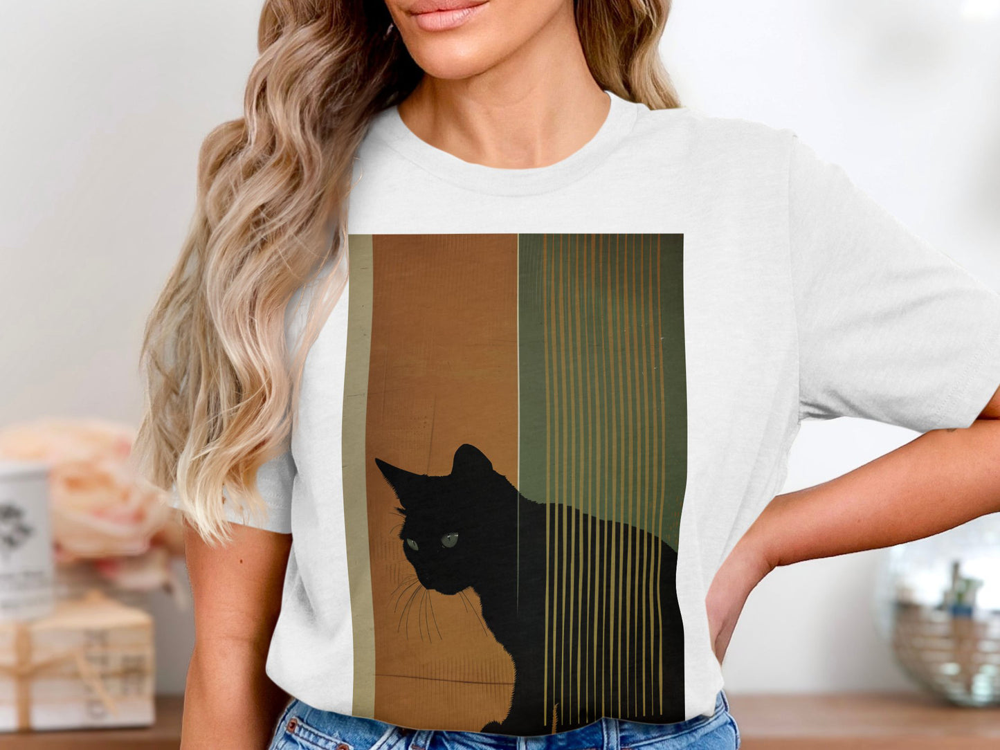 Nocturnal Gaze Cat Tee - Artistic Whiskers & Midnight Mystery