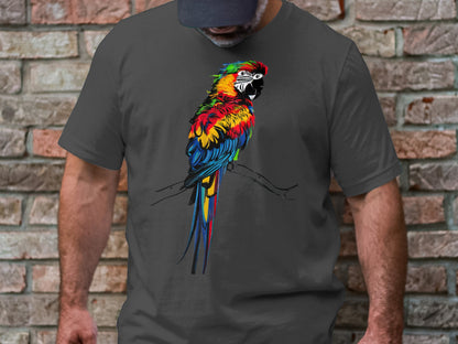 Asemic Avian Echoes - Colorful Parrot in Abstract Script Art Tee