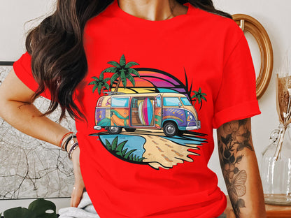 Surf's Up Sunset - Beach Van and Palm Trees Tee