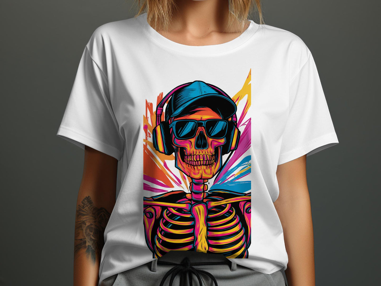 Vibrant Skull Beats - Abstract Skeleton Graphic Tee
