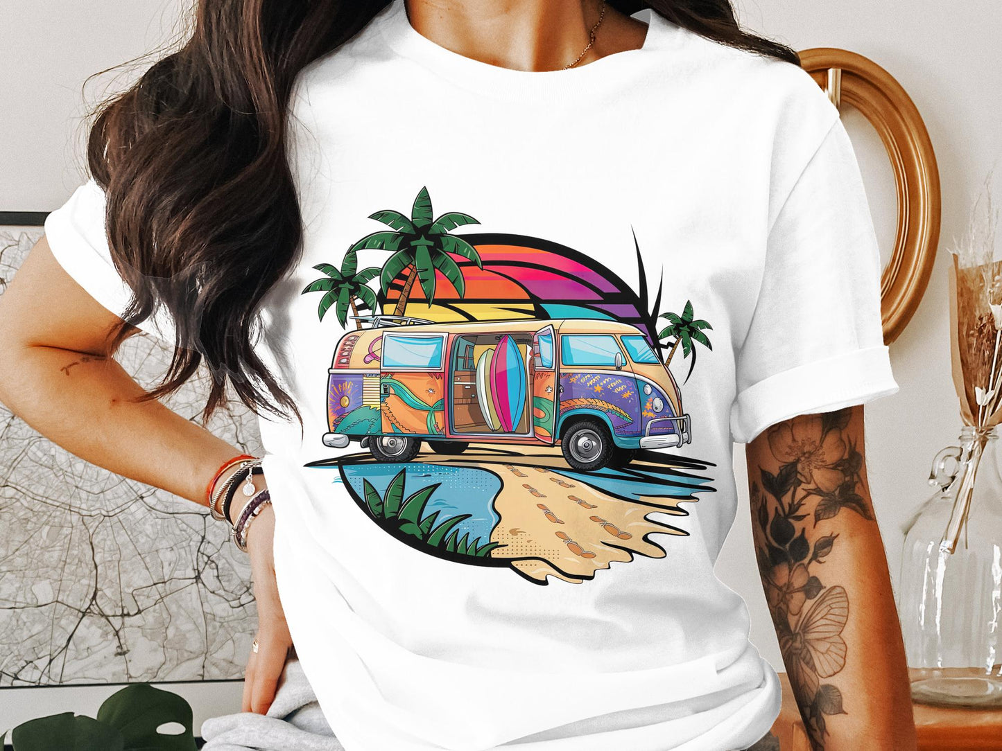 Surf's Up Sunset - Beach Van and Palm Trees Tee