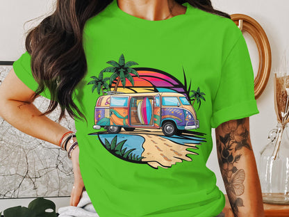 Surf's Up Sunset - Beach Van and Palm Trees Tee