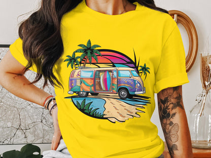 Surf's Up Sunset - Beach Van and Palm Trees Tee