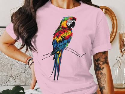 Asemic Avian Echoes - Colorful Parrot in Abstract Script Art Tee