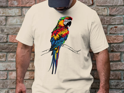Asemic Avian Echoes - Colorful Parrot in Abstract Script Art Tee