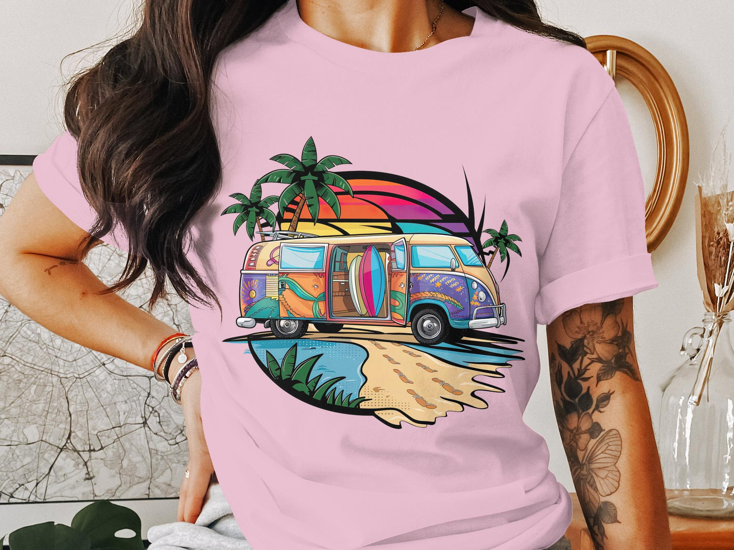 Surf's Up Sunset - Beach Van and Palm Trees Tee