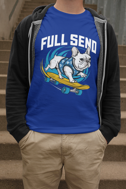Full Send Bulldog - Skateboarding Dog Tee with Tropical Flair